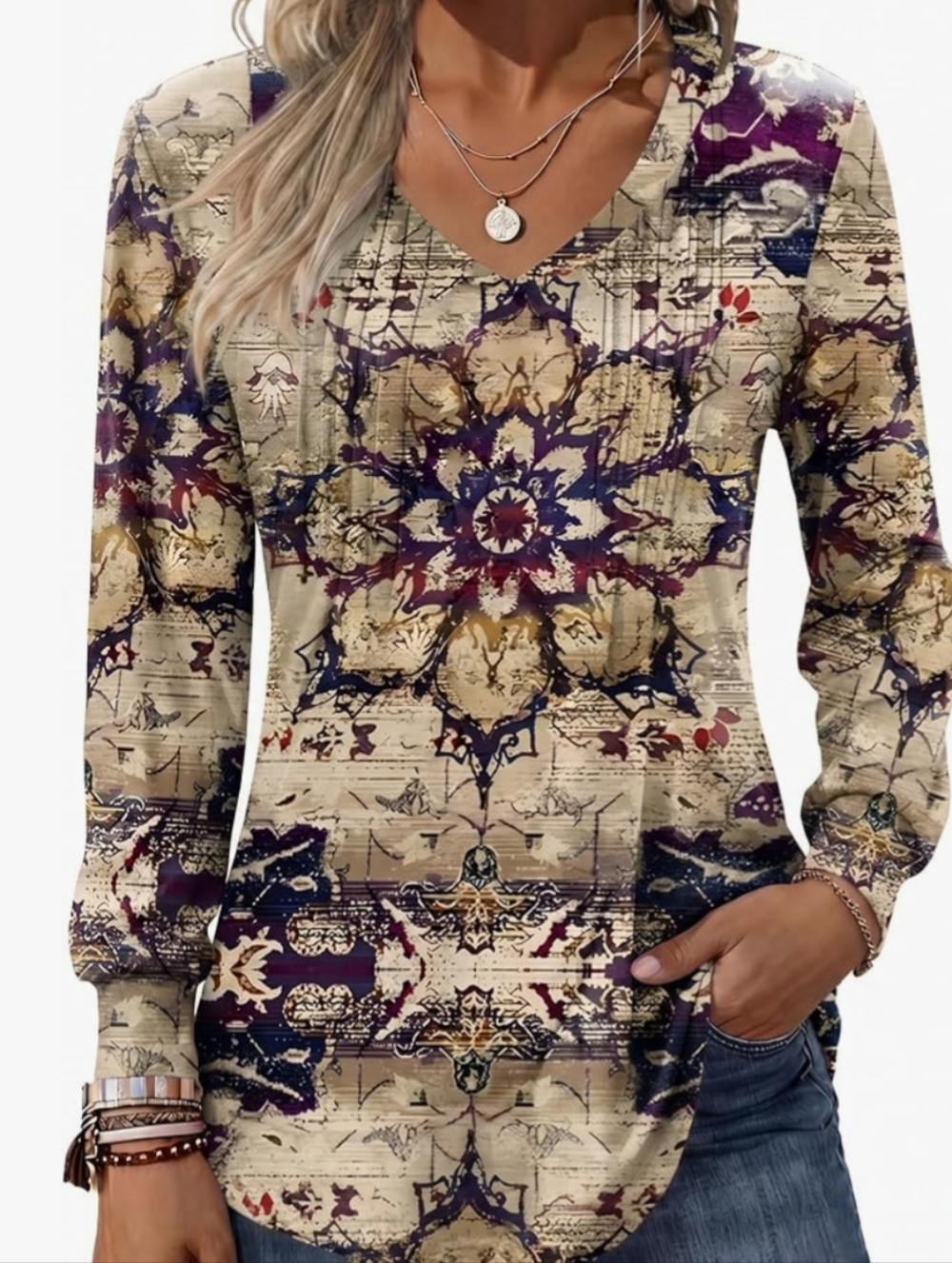 Zeagoo Beige and Purple Boho V-Neck Long Sleeve Tunic